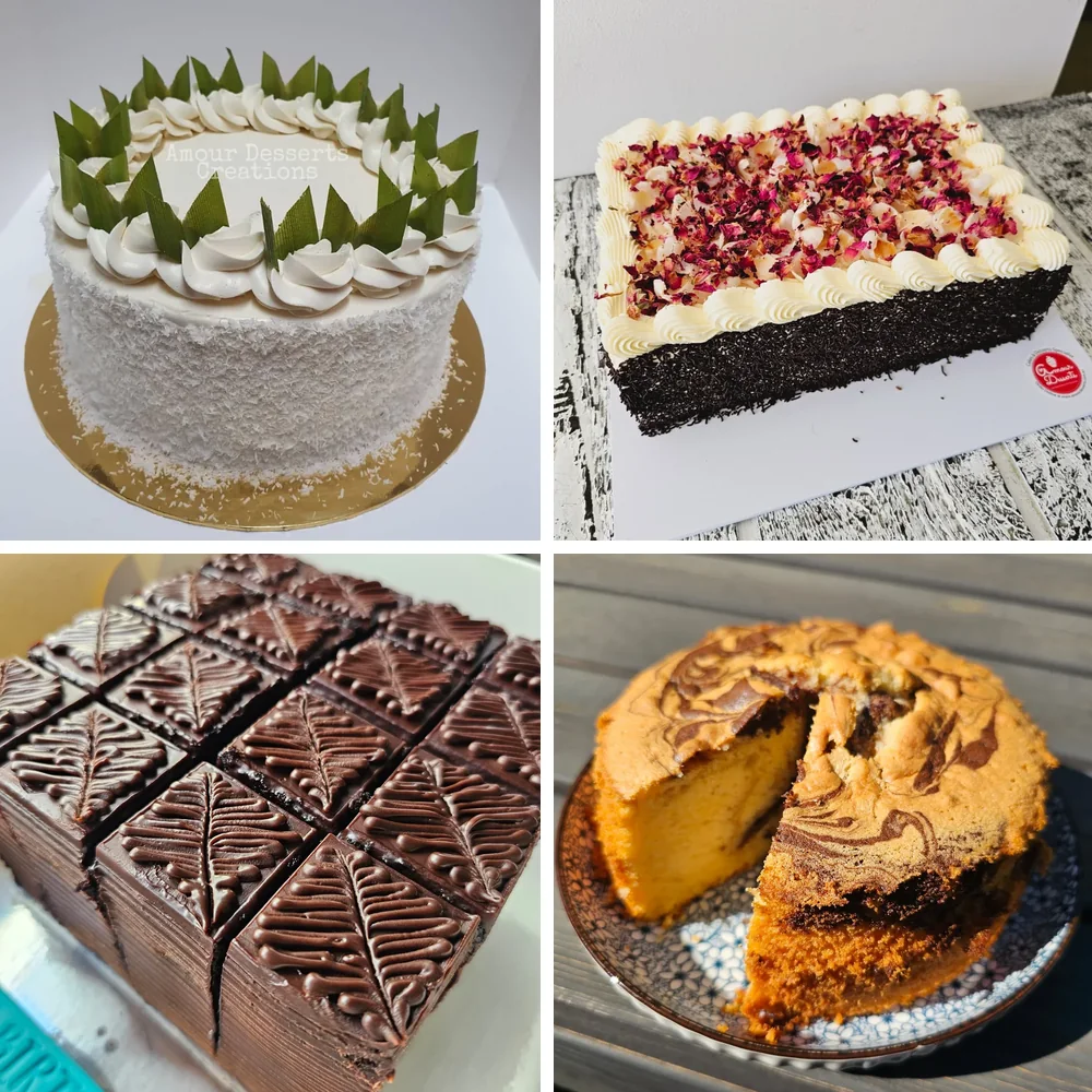 Pandan, rose and lychee, chocolate and marble cakes by Amour Desserts in Melbourne